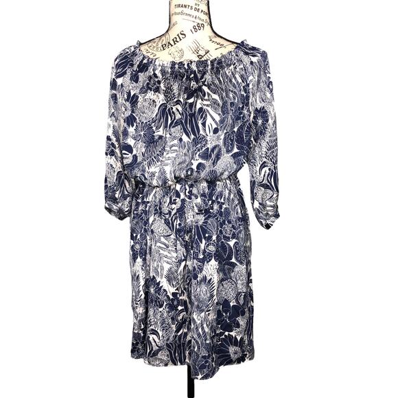 H&M Size 2 Floral 3/4 Cuff Sleeve Elastic Square Neck Waist Tie Shift Dress - Picture 1 of 13